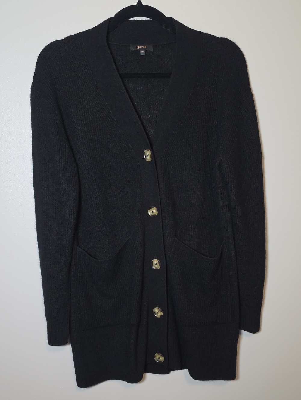 Quince Black V-Neck Long Button Cardigan Wool, Alpaca